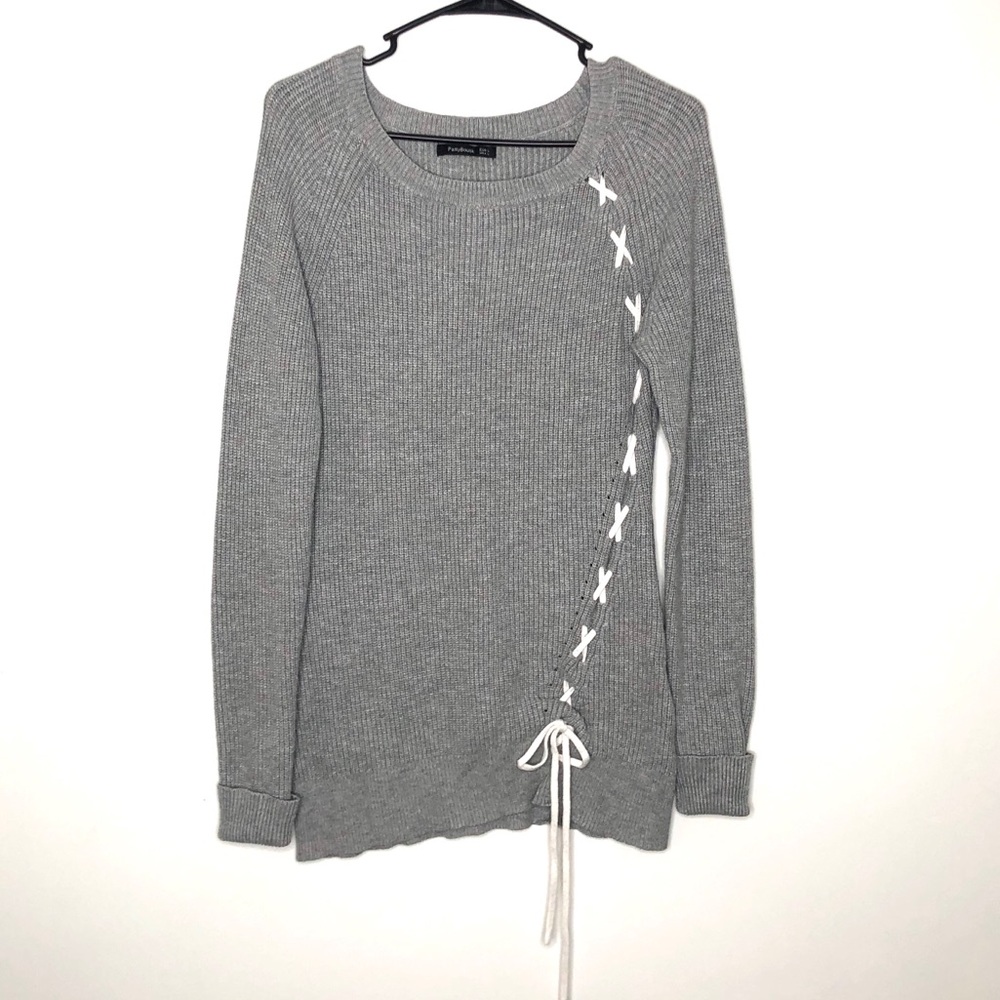 Long Gray Ribbed Knit Sweater White Tie Detail